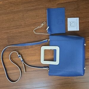 TMRW STUDIO MINI  ANTONIO SQUARE CROSSBODY PURSE SATCHEL BLUE WHITE PEBBLED